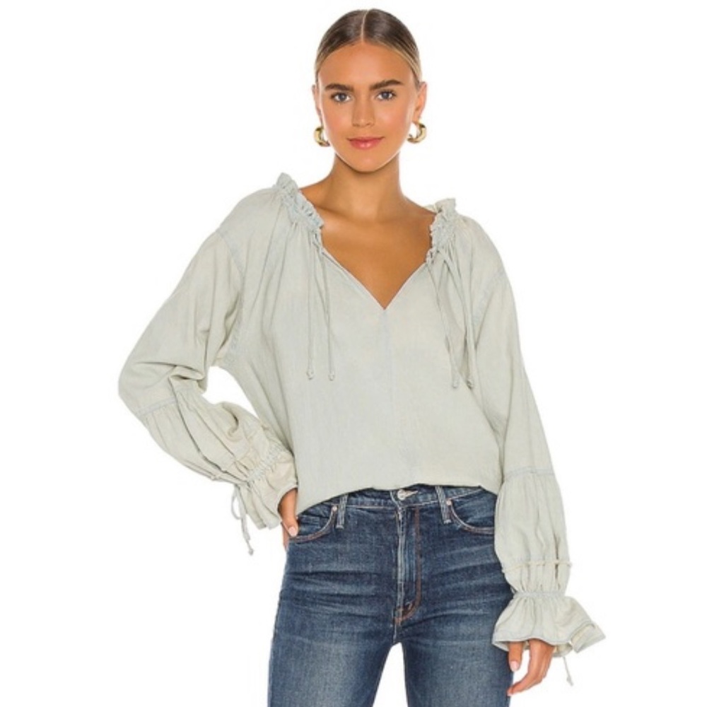 We the Free Alpine Denim Peasant Style Chambray Blouse Long Sleeve Size XS Boho